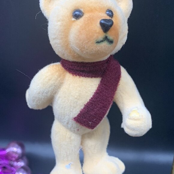 Vintage Blow Mold Flocked Teddy Bear Burgundy Scarf Christmas Ornament - Picture 7 of 9